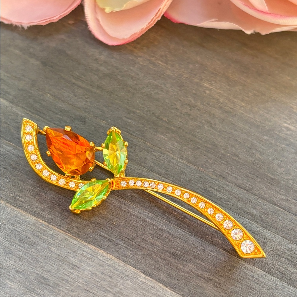 Nolan Miller Flower Bud Rhinestone Brooch Gold Plated